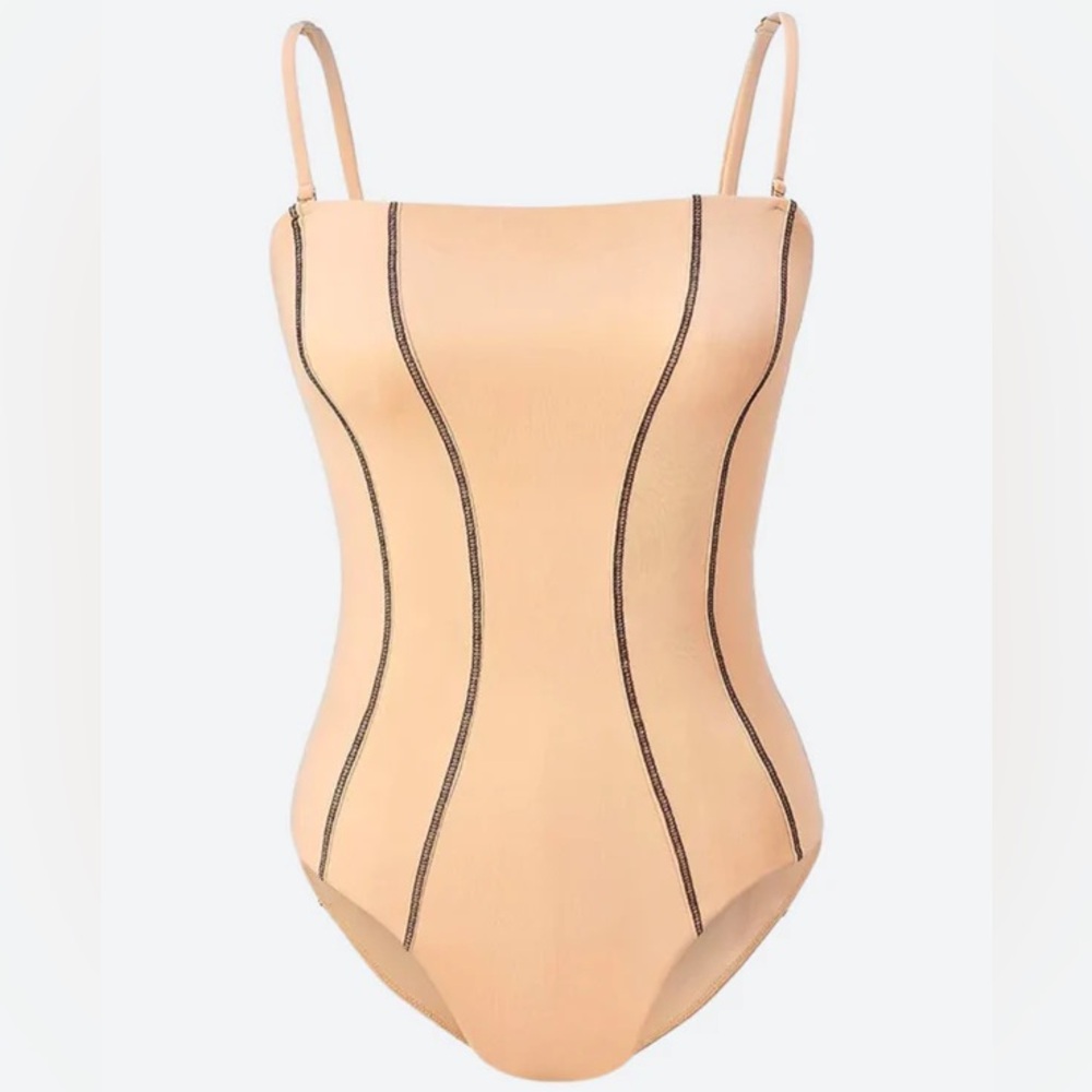 Banshee Swim Iz One Piece - Sand, Slimming Vertical Contour Stripes Nude Beige